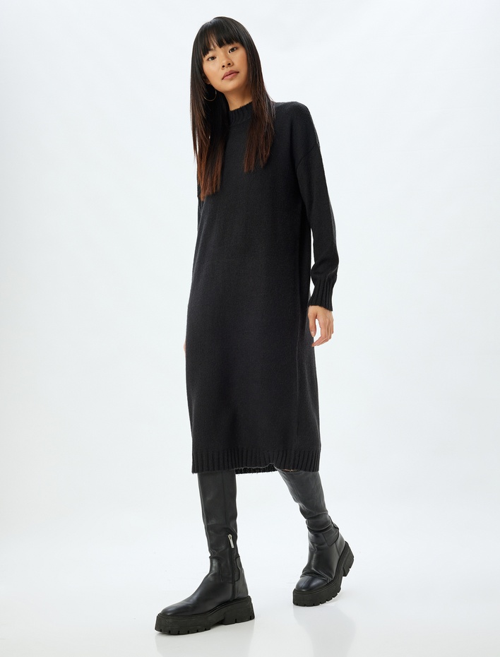  Triko Elbise Midi Boy Dik Yaka Uzun Kollu Düşük Omuzlu Bol Kalıp