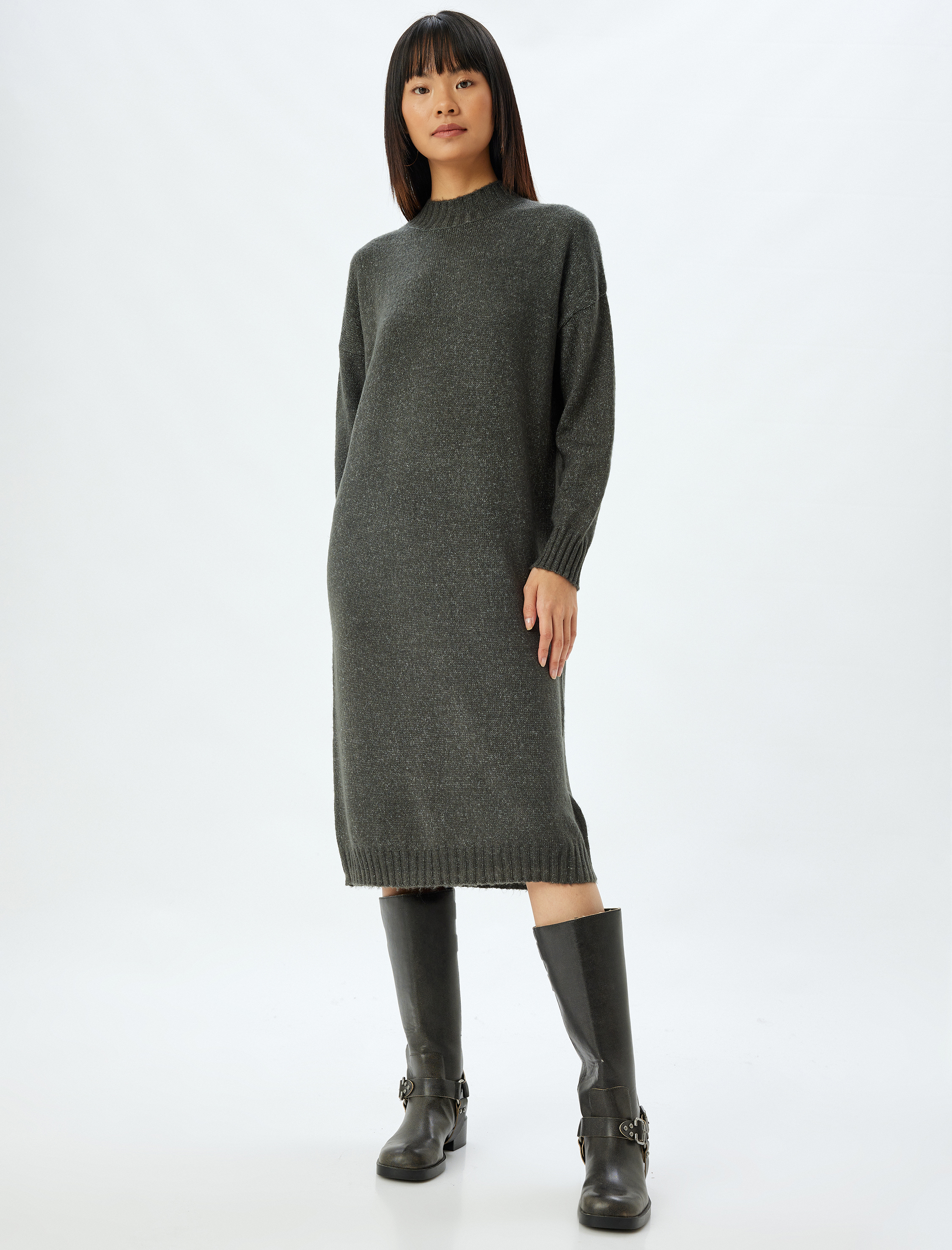   Triko Elbise Midi Boy Dik Yaka Uzun Kollu Düşük Omuzlu Bol Kalıp