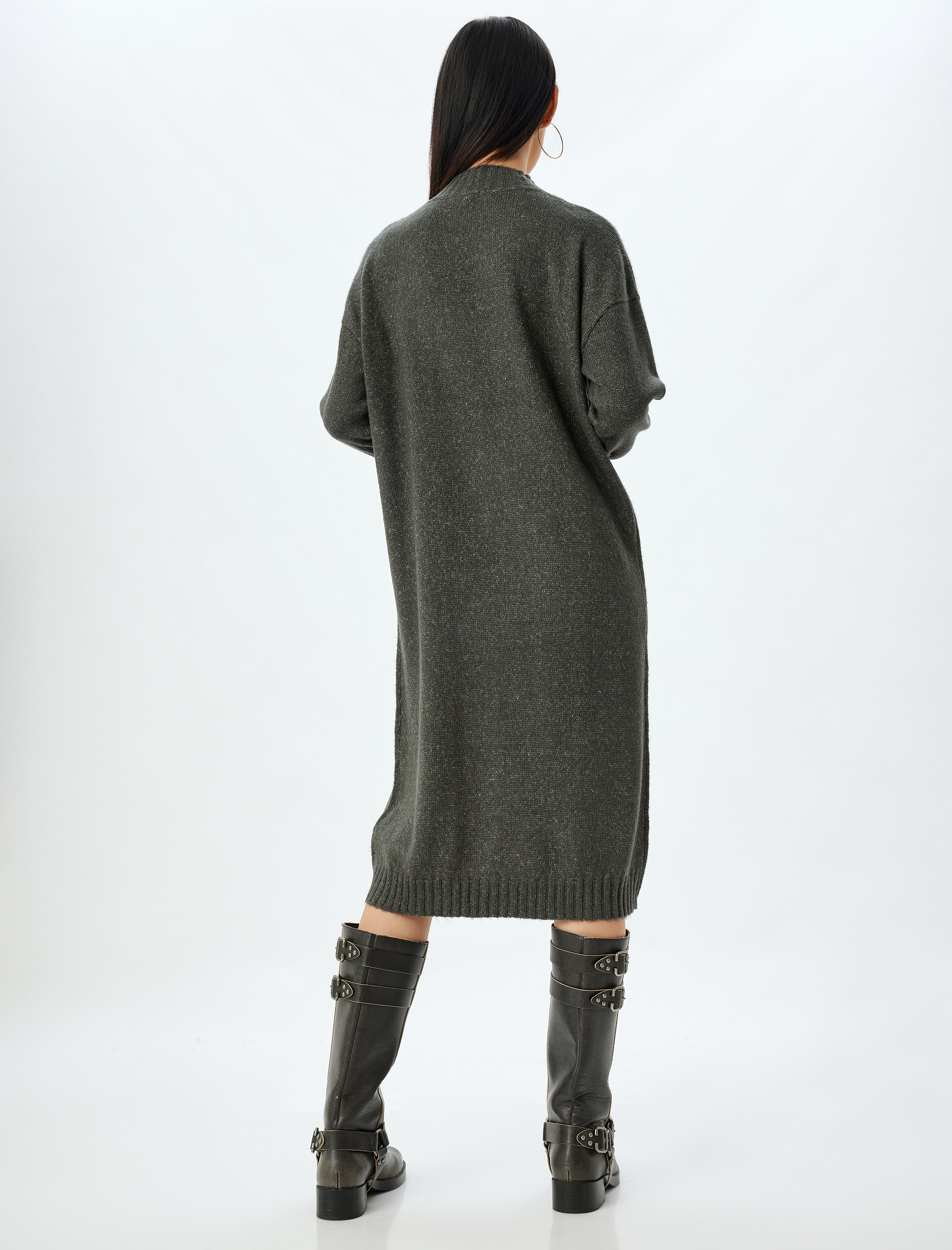   Triko Elbise Midi Boy Dik Yaka Uzun Kollu Düşük Omuzlu Bol Kalıp