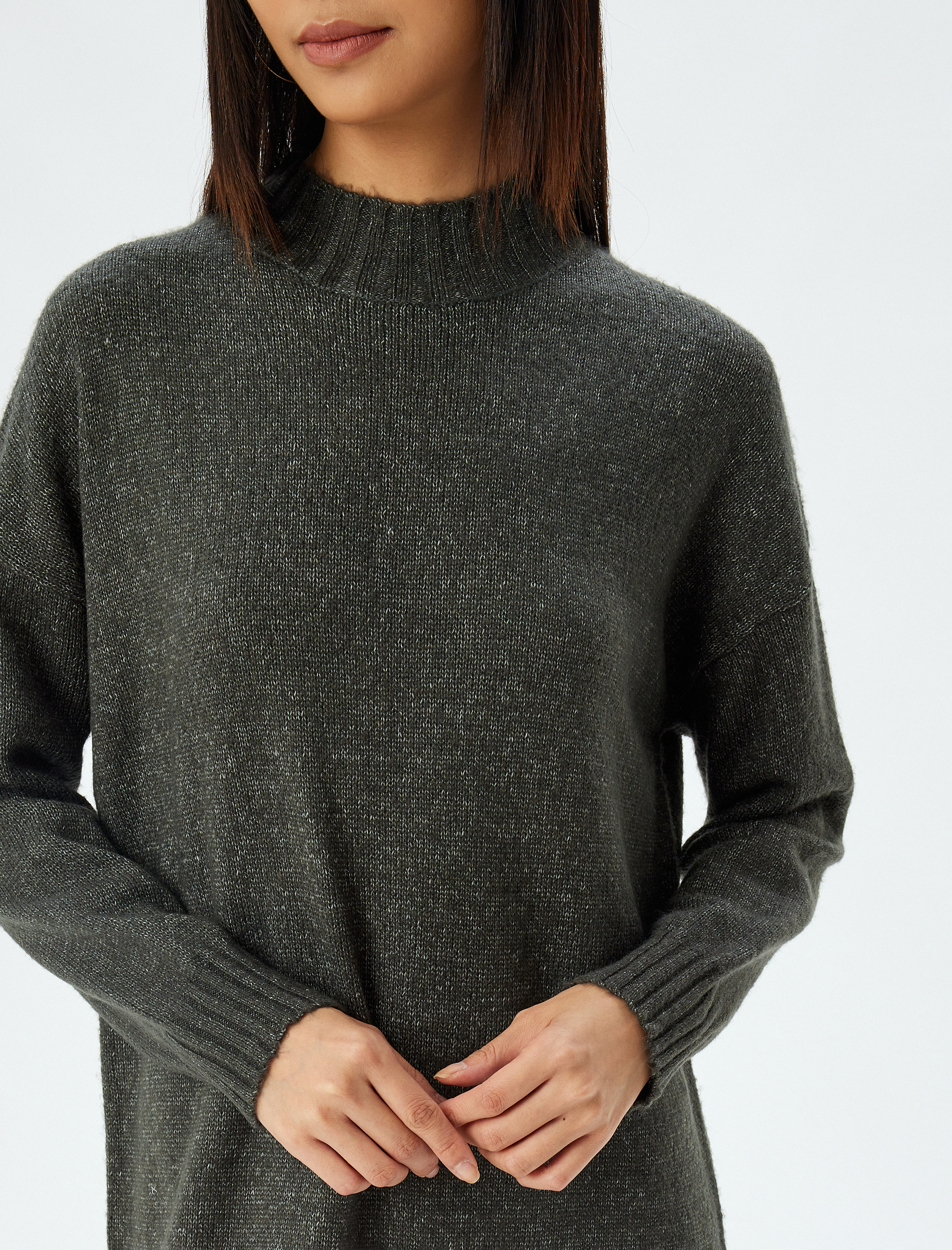   Triko Elbise Midi Boy Dik Yaka Uzun Kollu Düşük Omuzlu Bol Kalıp