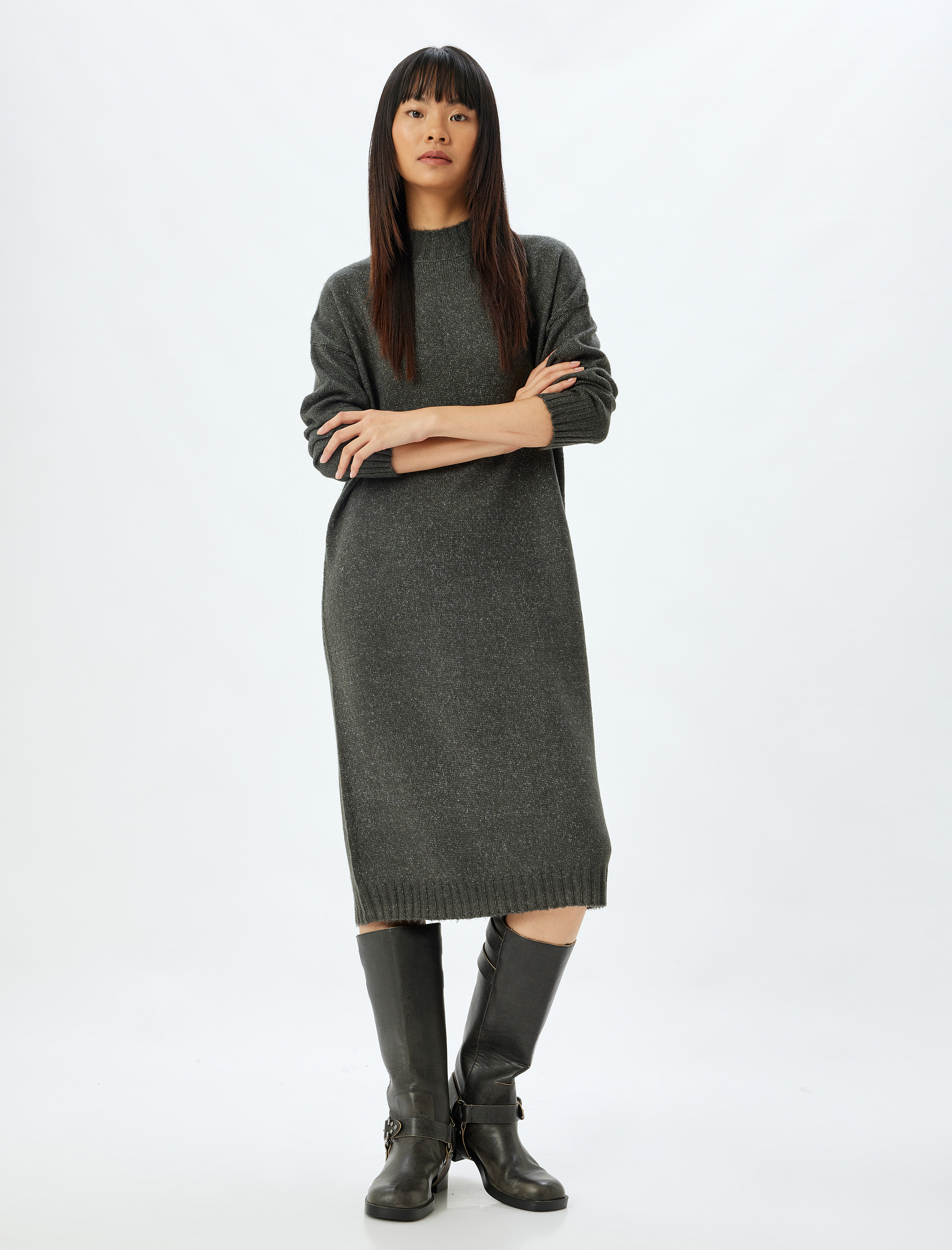   Triko Elbise Midi Boy Dik Yaka Uzun Kollu Düşük Omuzlu Bol Kalıp