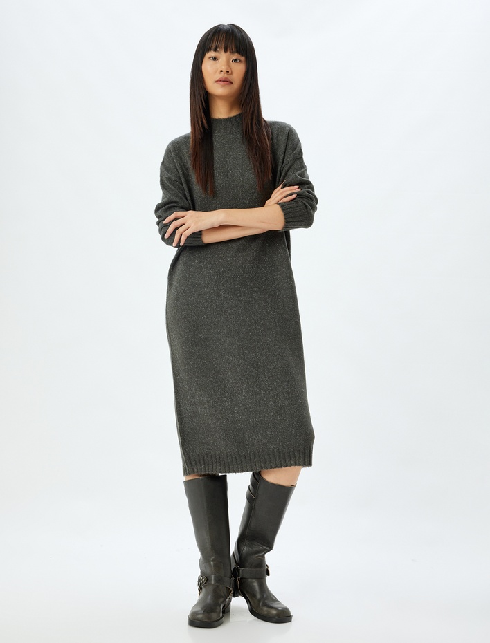  Triko Elbise Midi Boy Dik Yaka Uzun Kollu Düşük Omuzlu Bol Kalıp