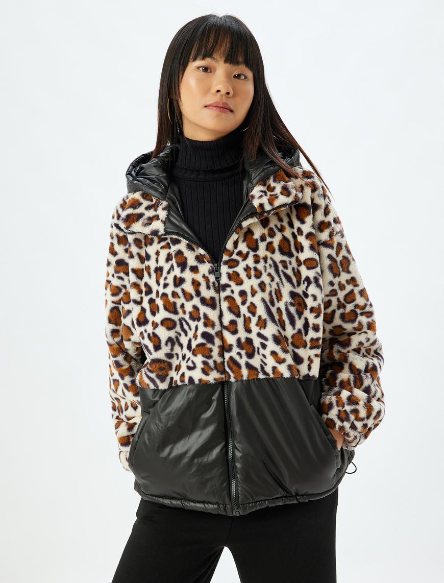   Leopar Ceket Oversize Suni Kürk Detaylı Kapüşonlu Fermuarlı Cepli Astarlı