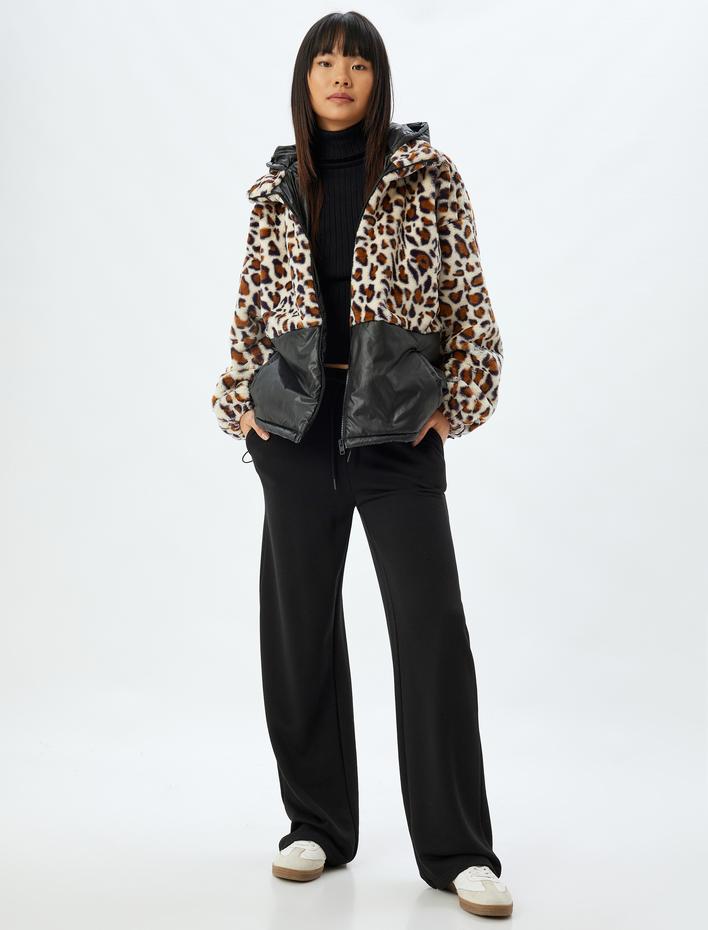  Leopar Ceket Oversize Suni Kürk Detaylı Kapüşonlu Fermuarlı Cepli Astarlı