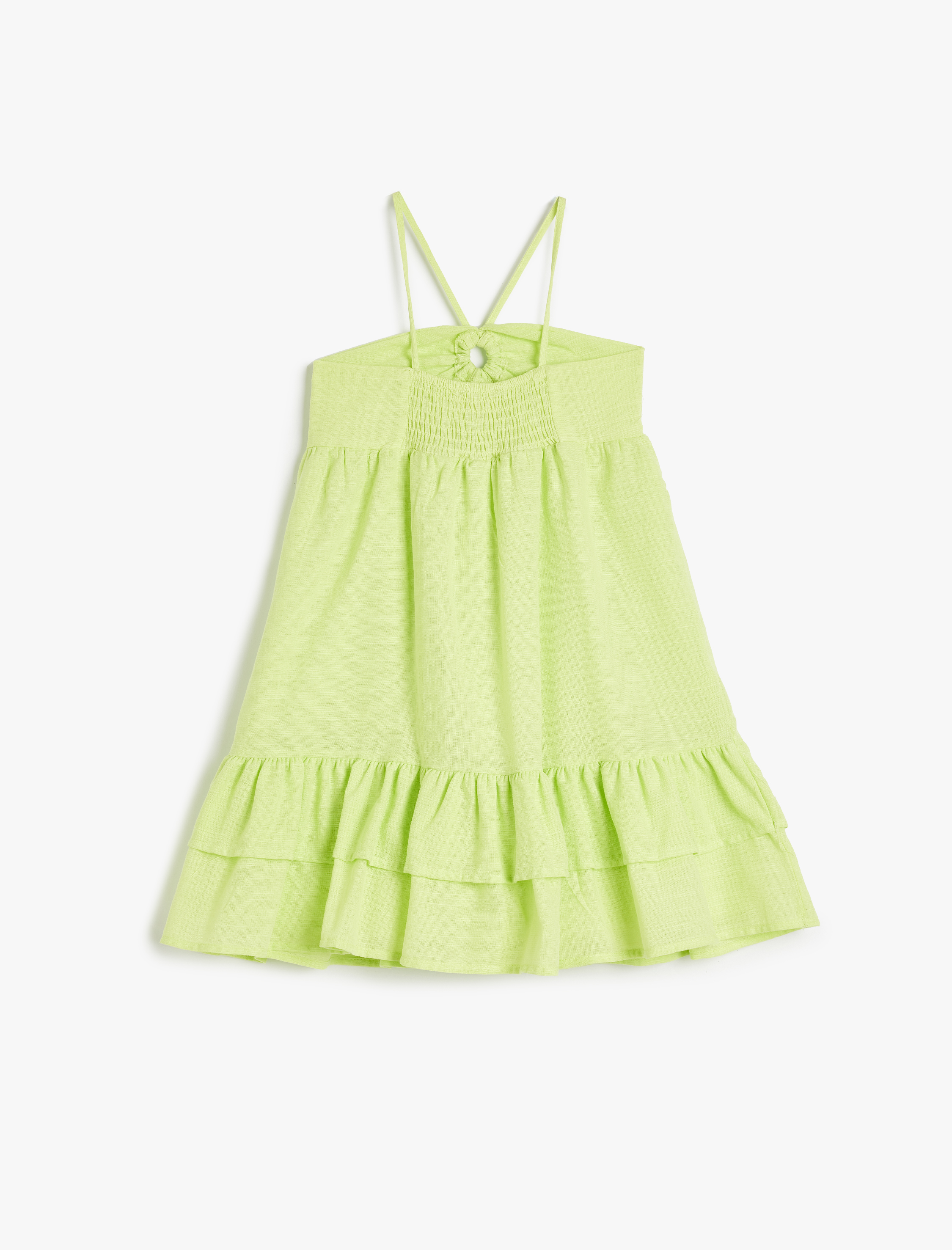  Kız Çocuk Askılı Midi Elbise Pencere Detaylı Büzgülü Pamuklu