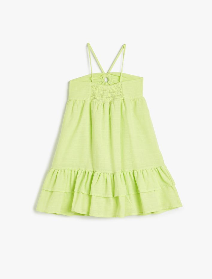 Kız Çocuk Askılı Midi Elbise Pencere Detaylı Büzgülü Pamuklu