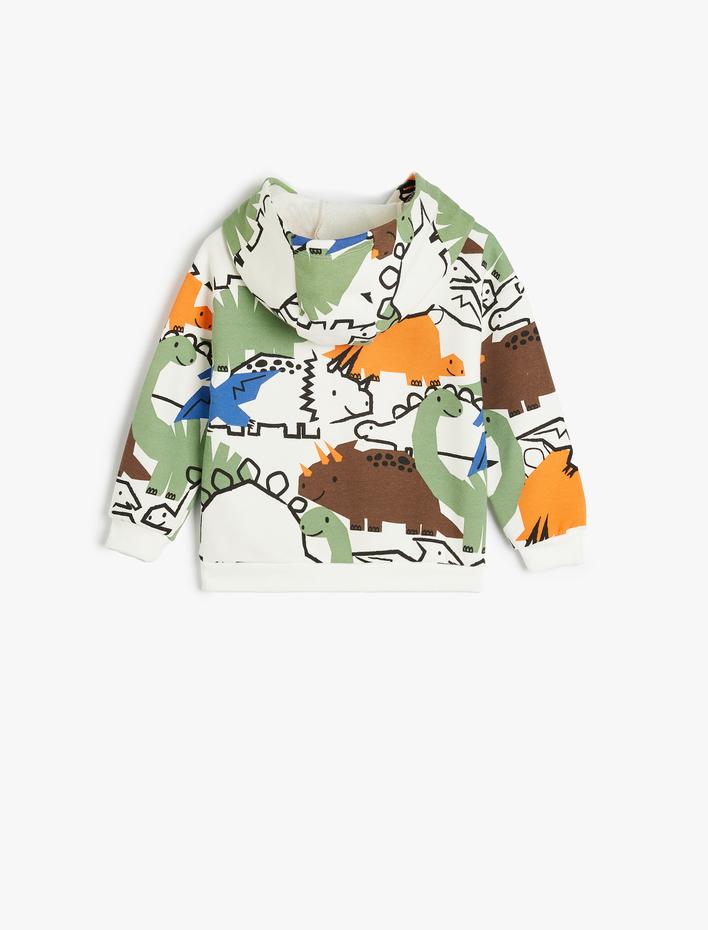 Erkek Bebek Kapşonlu Dinozorlu Sweatshirt Baskılı Uzun Kollu Şardonlu