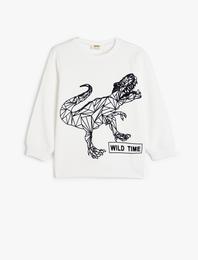 Dinozorlu Sweatshirt Şardonlu Uzun Kollu Bisiklet Yaka