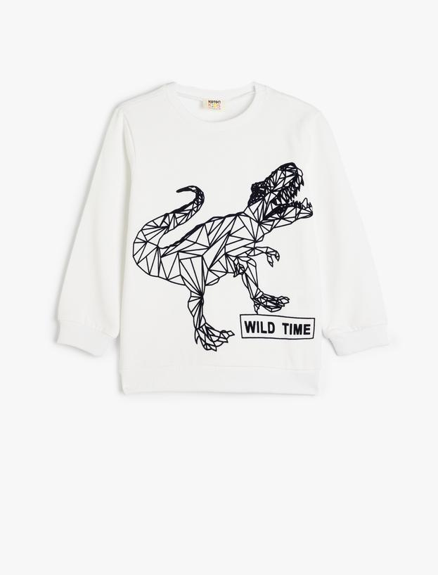 Dinozorlu Sweatshirt Şardonlu Uzun Kollu Bisiklet Yaka_0