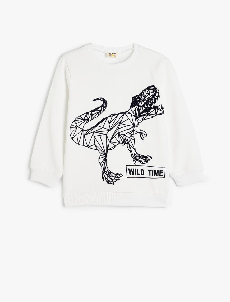  Erkek Çocuk Dinozorlu Sweatshirt Şardonlu Uzun Kollu Bisiklet Yaka