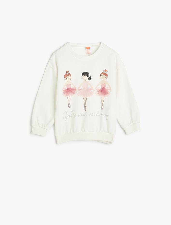 Kız Bebek Sweatshirt Balerin Baskılı Uzun Kollu Şardonlu Pamuklu