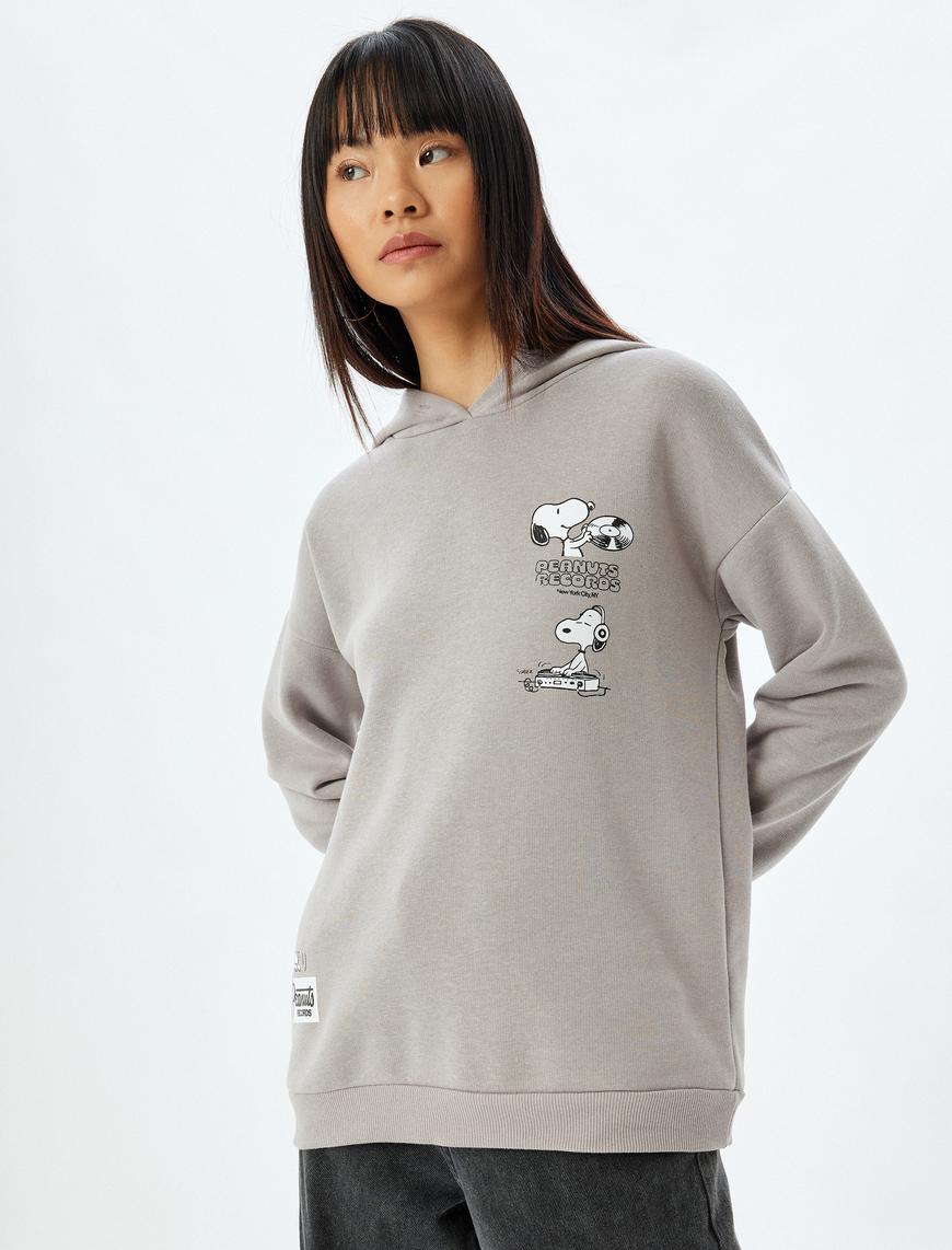   Snoopy Kapüşonlu Sweatshirt Arkası Baskılı Şardonlu Lisanslı