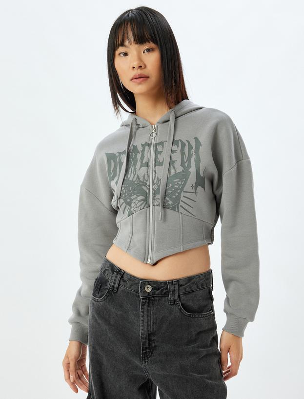 Crop Sweatshirt Kapüşonlu Fermuarlı Kolej Baskılı Korse Detaylı Şardonlu_2