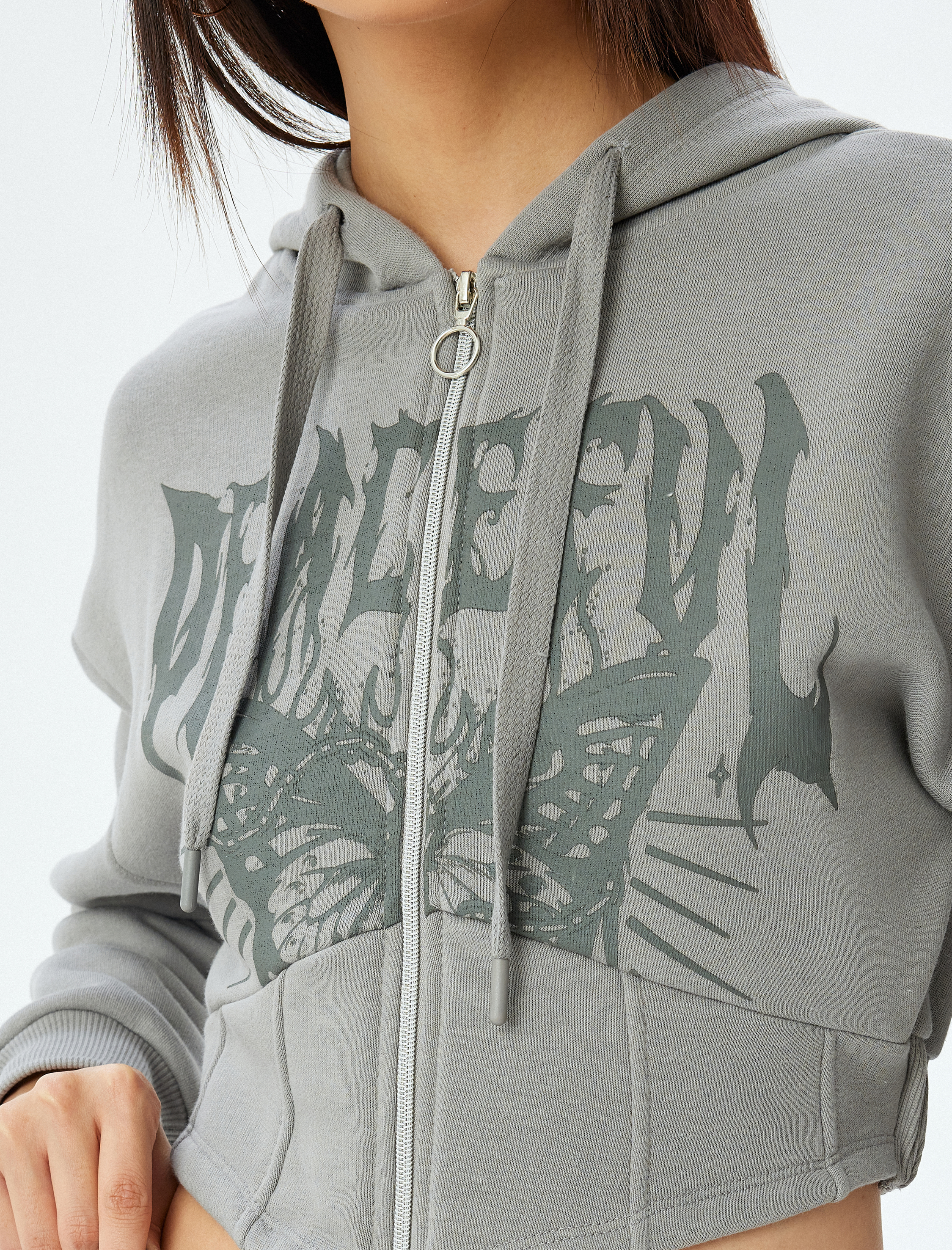   Crop Sweatshirt Kapüşonlu Fermuarlı Kolej Baskılı Korse Detaylı Şardonlu