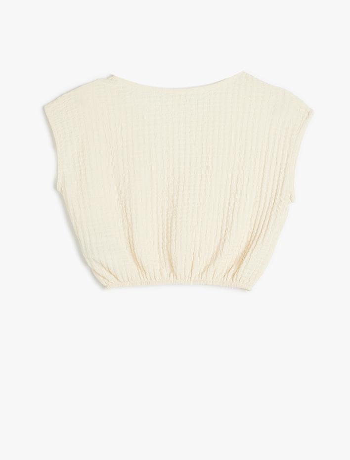 Kız Çocuk Crop Bluz Kolsuz Dokulu Beli Lastikli