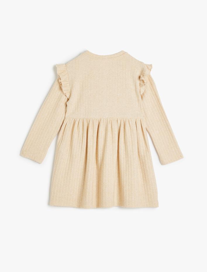 Kız Bebek Elbise Uzun Kollu Dokulu Fırfır Detaylı Düğmeli