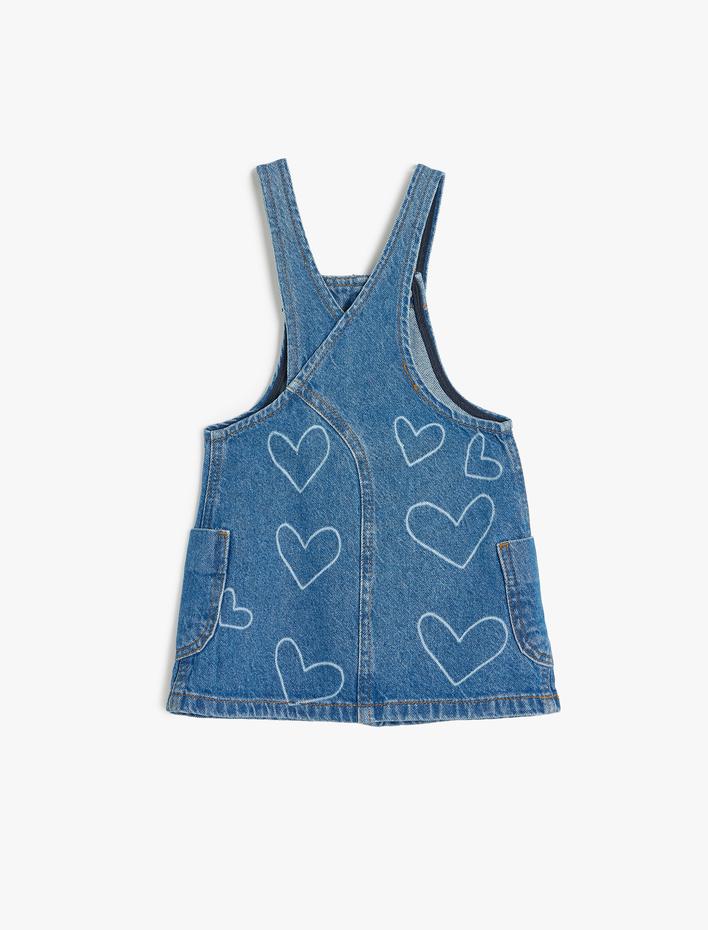 Kız Bebek Kalp Desenli Kare Yaka Pamuklu Askılı Denim Elbise