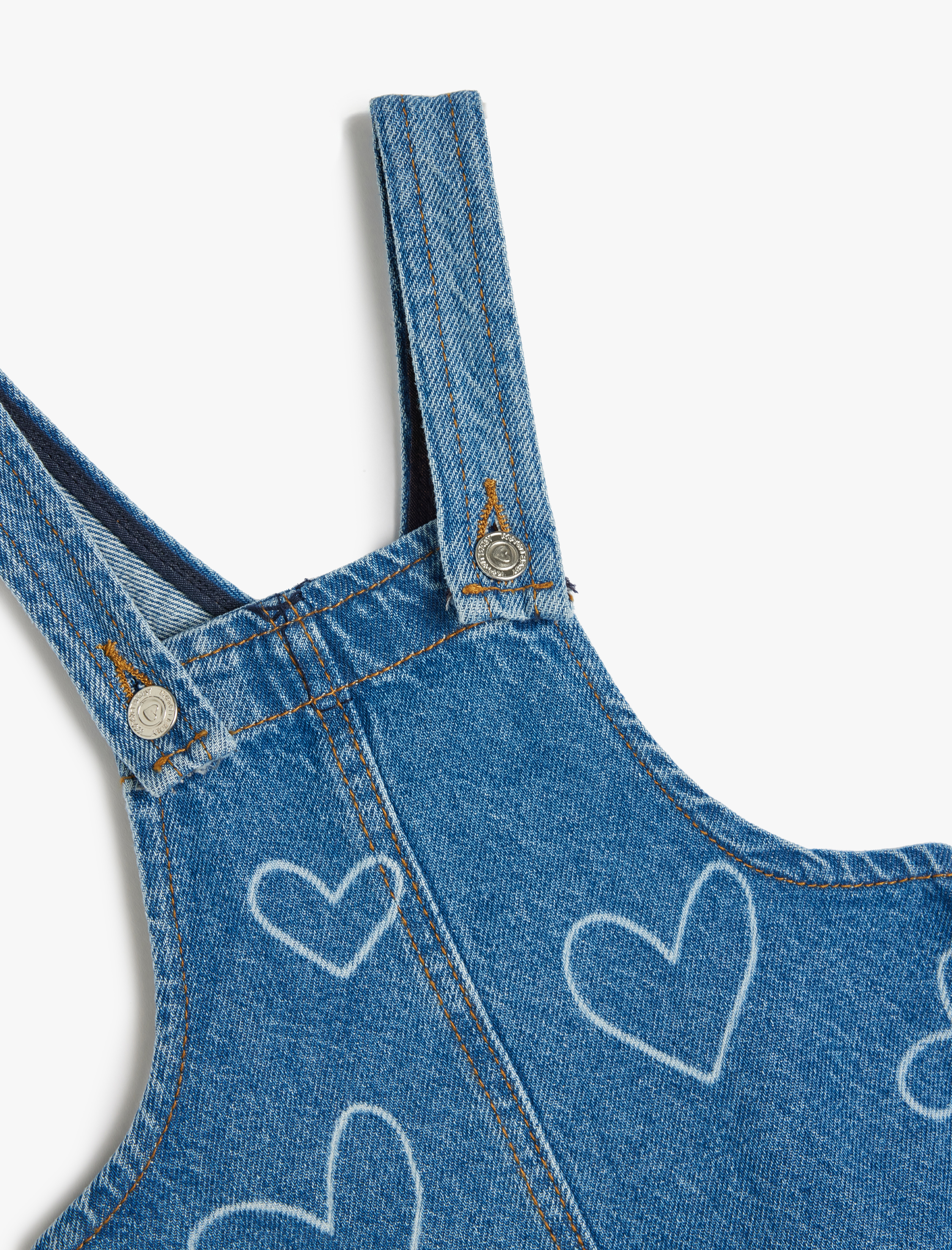 Kız Bebek Kalp Desenli Kare Yaka Pamuklu Askılı Denim Elbise