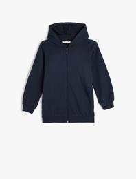 Fermuarlı Basic Sweatshirt Kapşonlu Şardonlu Uzun Kollu