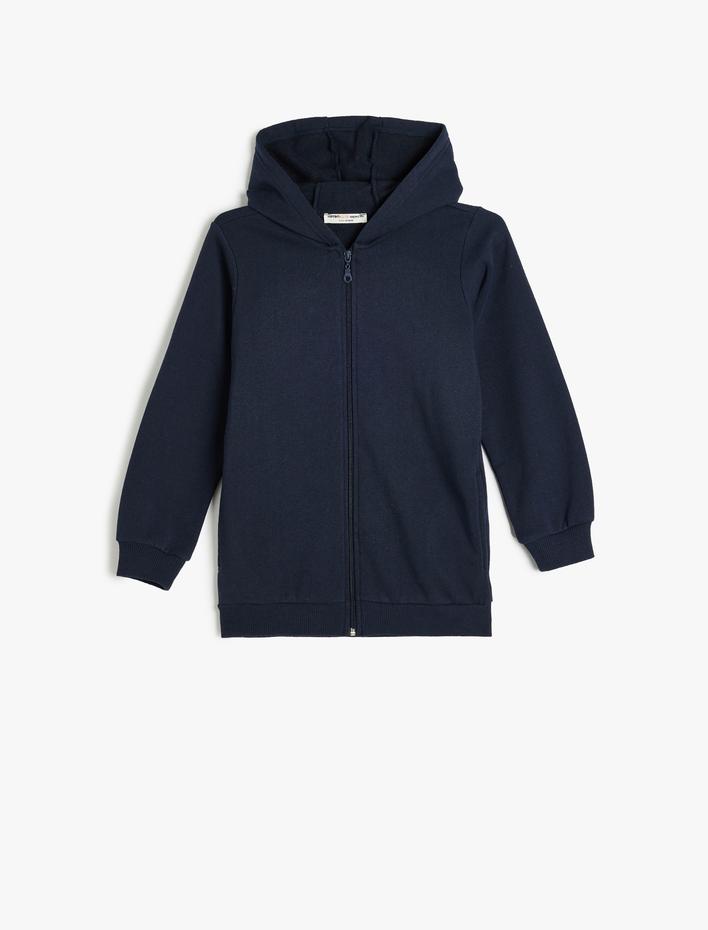 Erkek Çocuk Fermuarlı Kapşonlu Şardonlu Uzun Kollu Basic Okul Sweatshirt