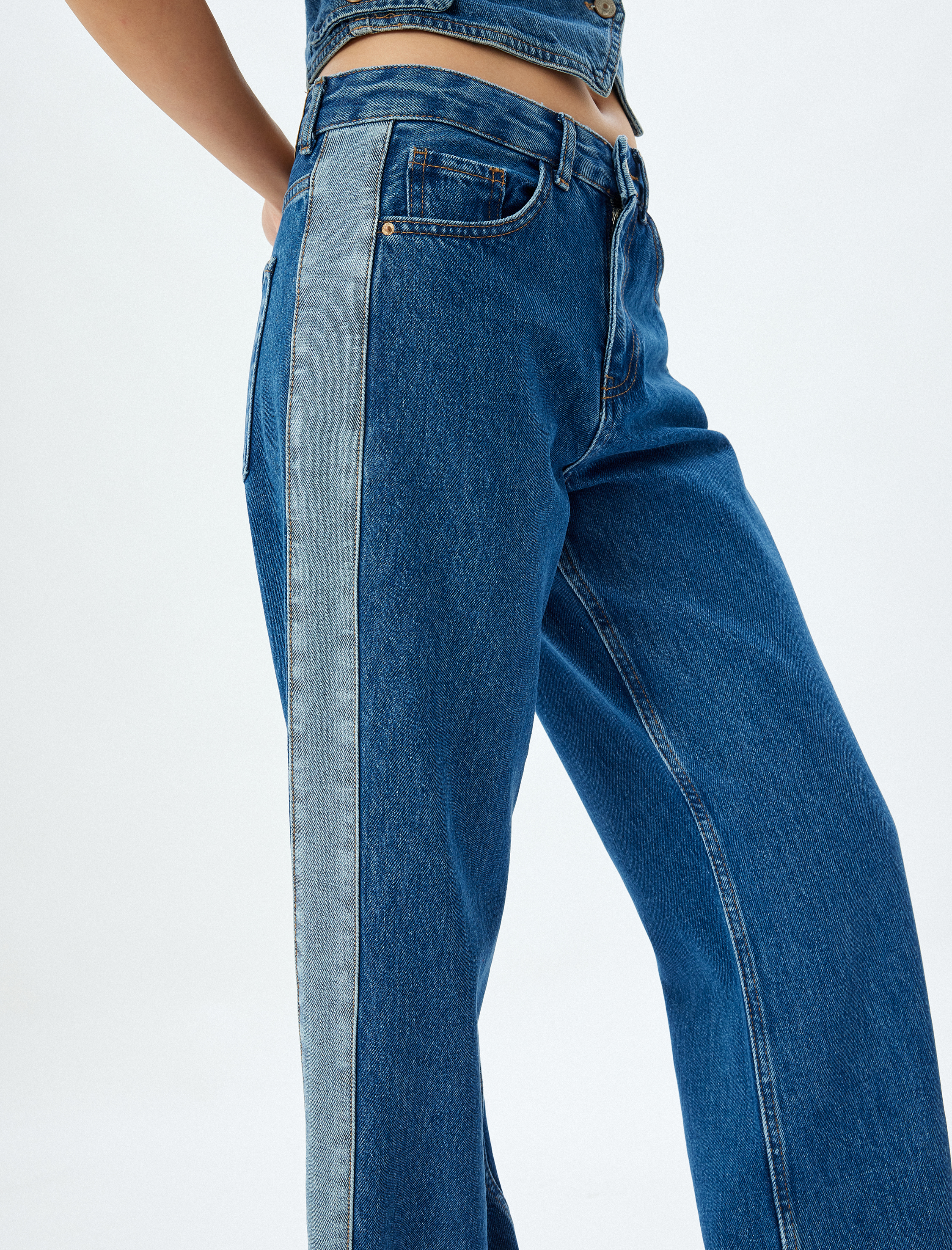 Düz Paça Kot Pantolon Renk Bloklu Yüksek Bel Düğmeli Pamuklu - Longer Straight Fit Jean