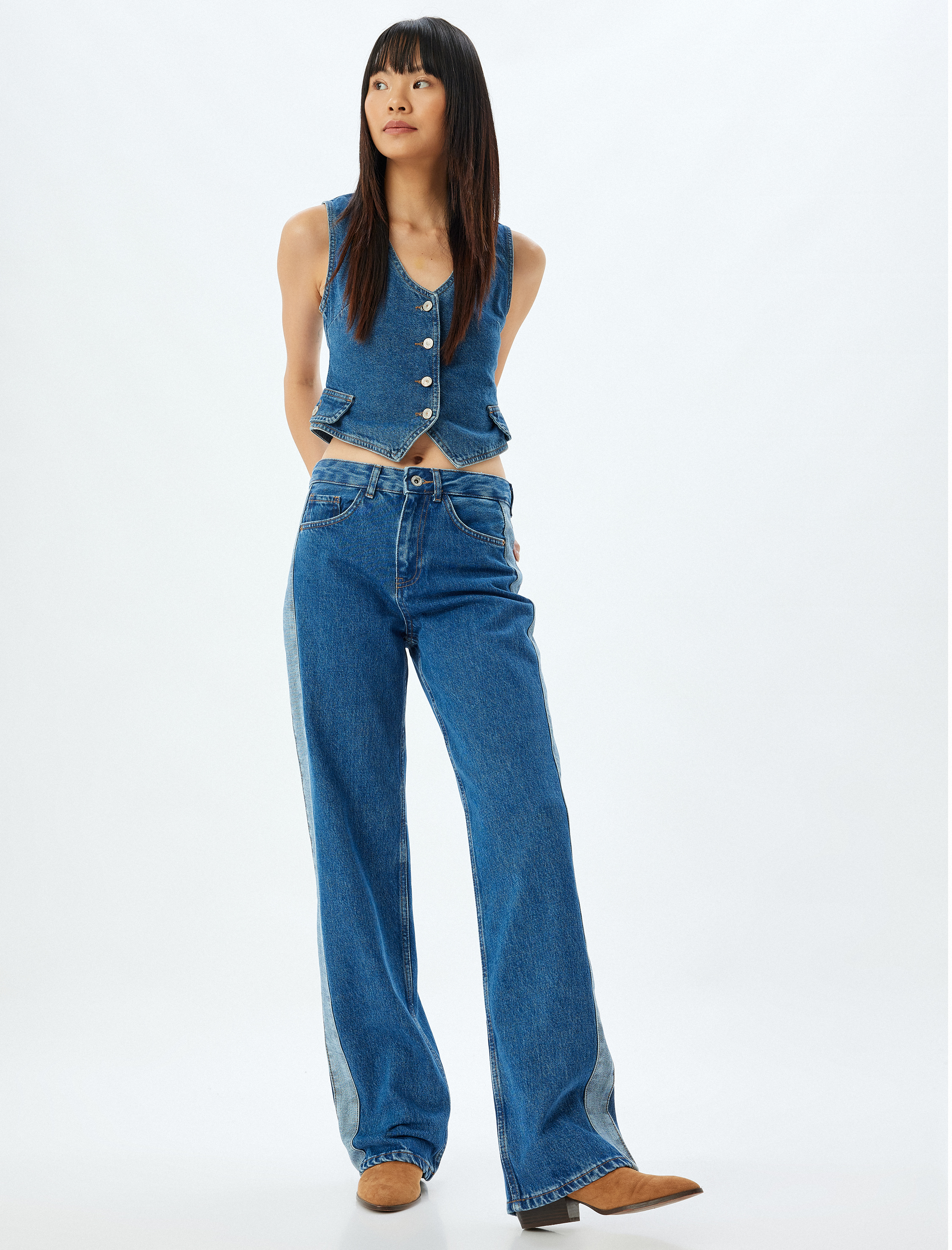 Düz Paça Kot Pantolon Renk Bloklu Yüksek Bel Düğmeli Pamuklu - Longer Straight Fit Jean