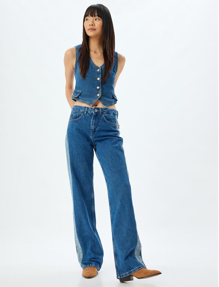  Düz Paça Kot Pantolon Renk Bloklu Yüksek Bel Düğmeli Pamuklu - Longer Straight Fit Jean