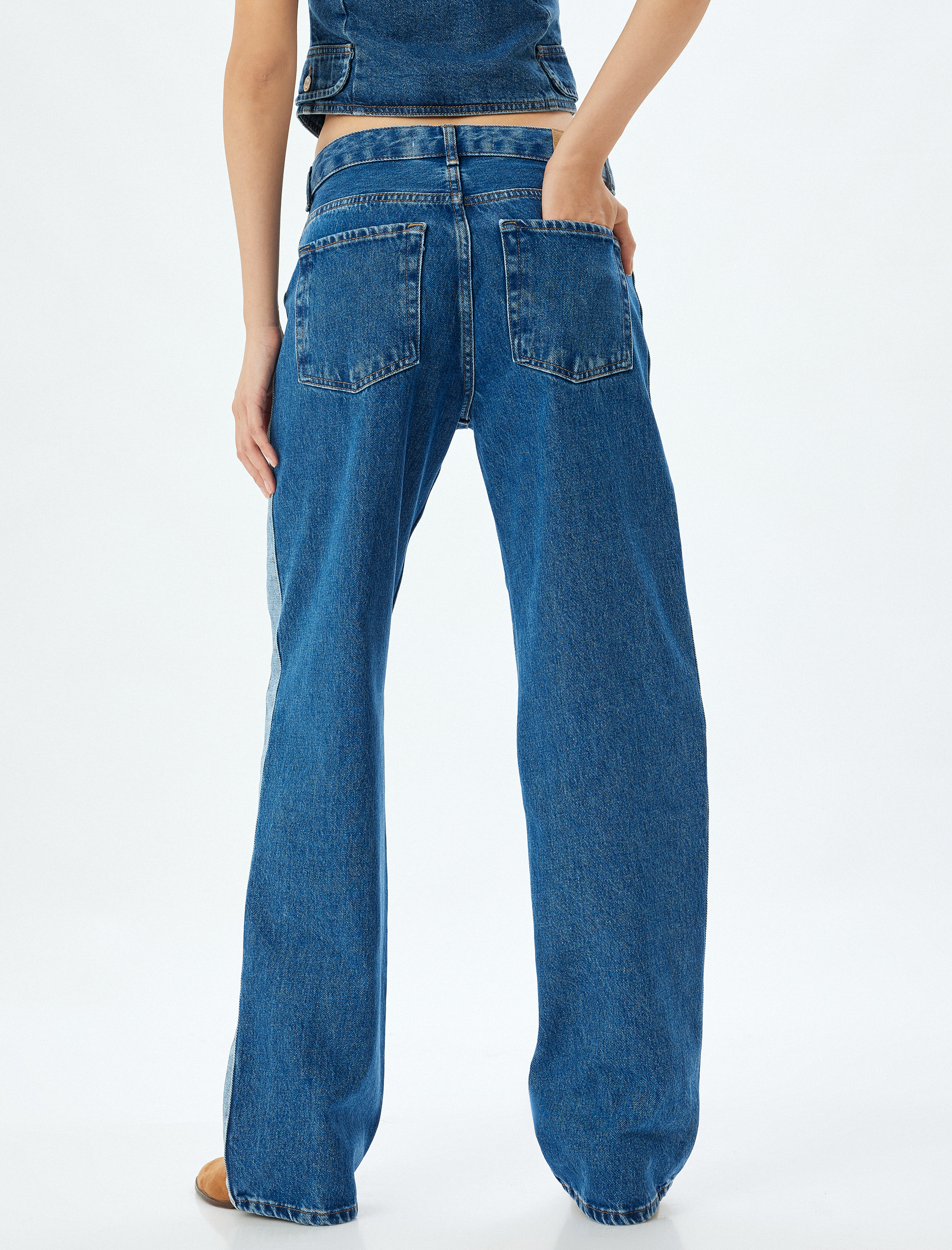 Düz Paça Kot Pantolon Renk Bloklu Yüksek Bel Düğmeli Pamuklu - Longer Straight Fit Jean