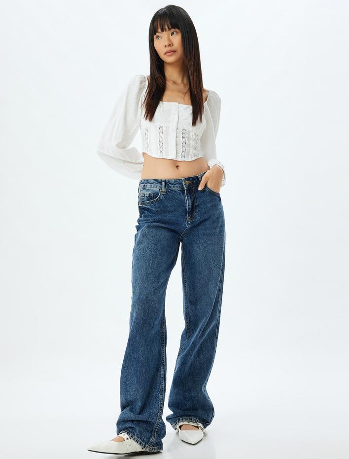  Balon Kol Bluz Crop Gipeli U Yaka Düğmeli Slim Fit Kroşe Detaylı