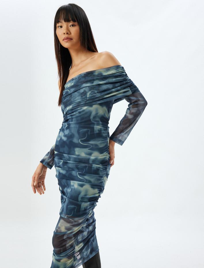  Drapeli Omzu Açık Madonna Yaka Midi Tül Elbise