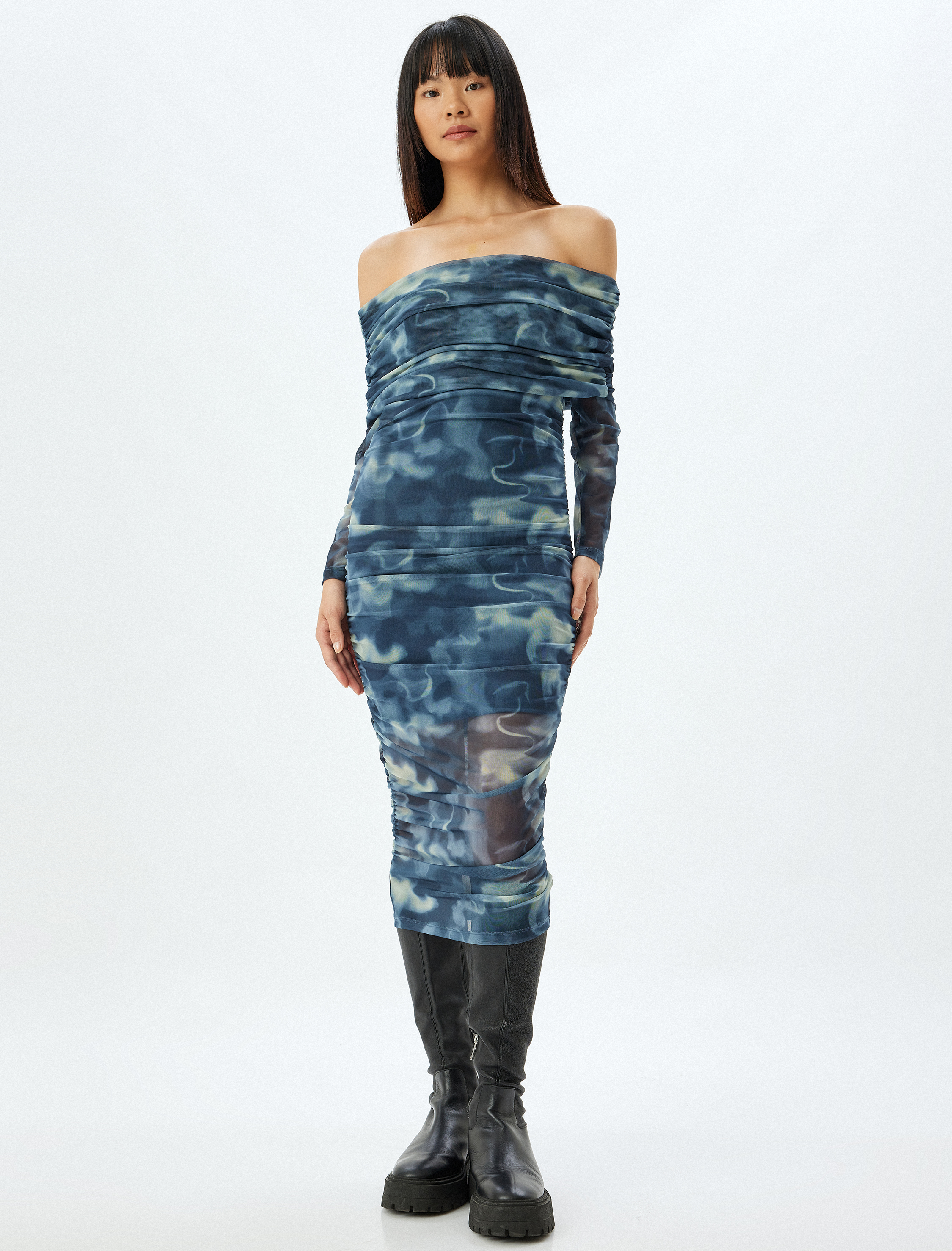   Drapeli Omzu Açık Madonna Yaka Midi Tül Elbise