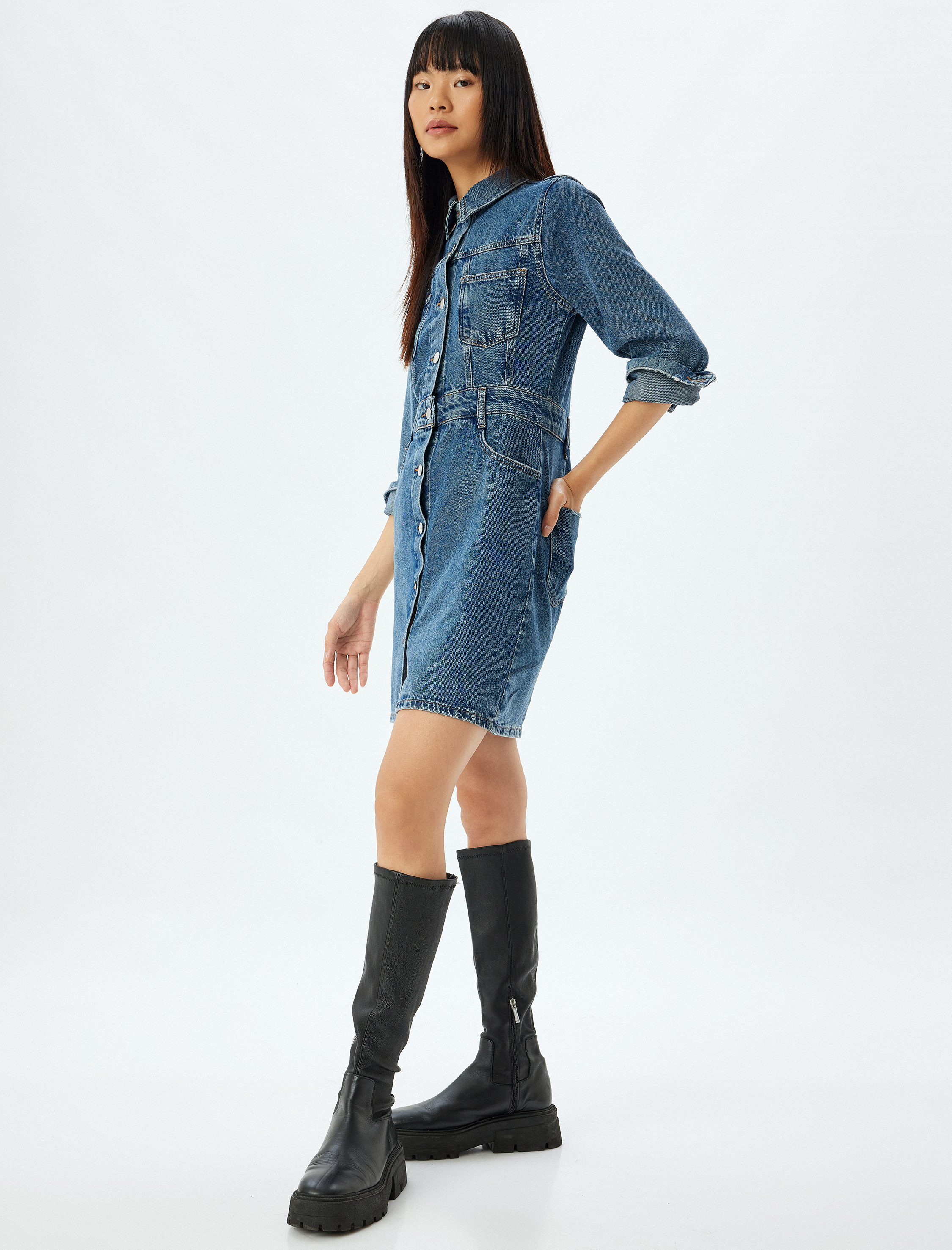   Kot Gömlek Elbise Mini Düğmeli Klasik Yaka Cep Detaylı Uzun Kollu