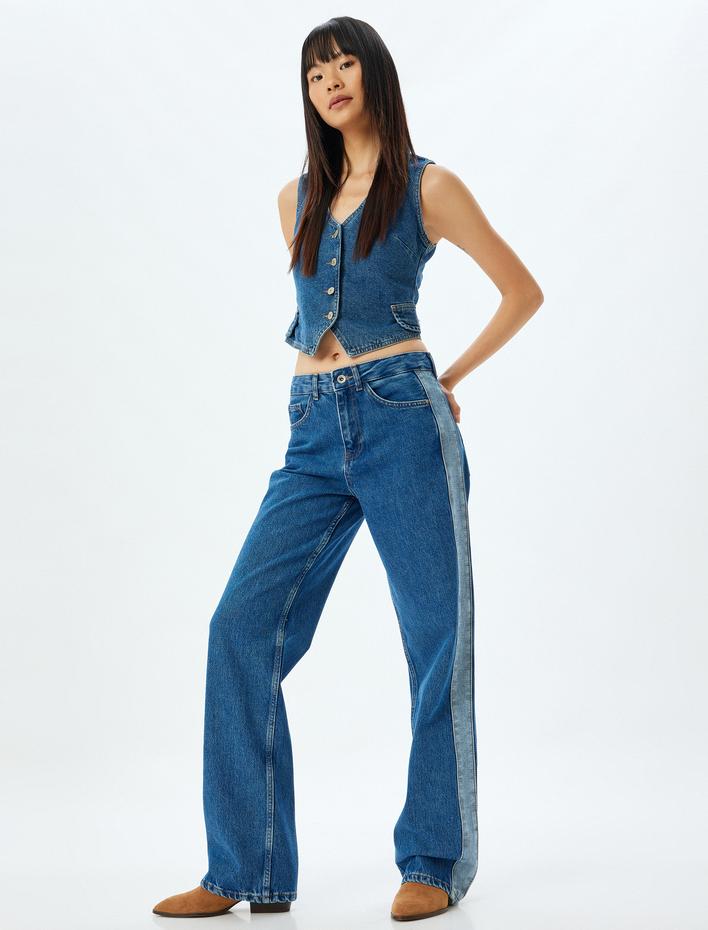  Düz Paça Kot Pantolon Renk Bloklu Yüksek Bel Düğmeli Pamuklu - Longer Straight Fit Jean