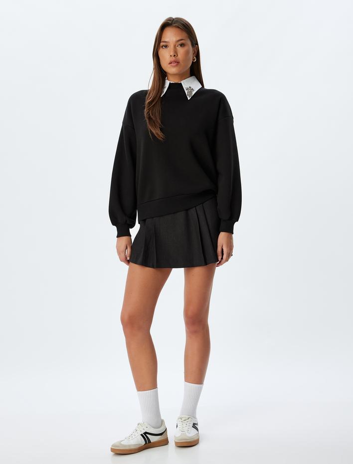  Yaka Sweatshirt Uzun Kollu Üç İplik Şardonlu Taşlı Gömlek