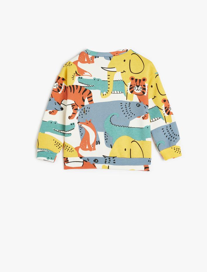 Erkek Bebek Sweatshirt Hayvanlar Baskılı Uzun Kollu Şardonlu