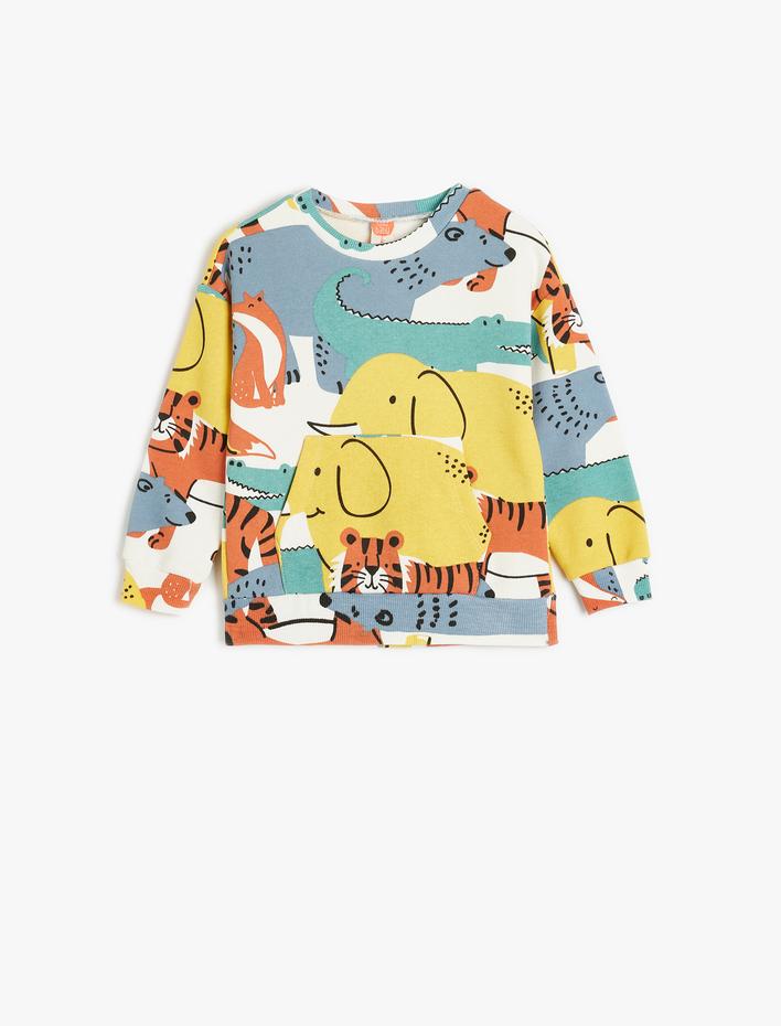 Erkek Bebek Sweatshirt Hayvanlar Baskılı Uzun Kollu Şardonlu