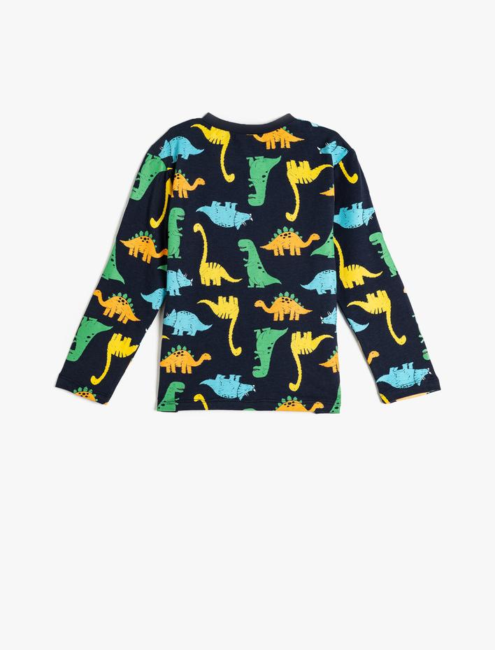 Erkek Bebek Dinozor Baskılı Bisiklet Yaka Uzun Kollu Pamuklu Tişört