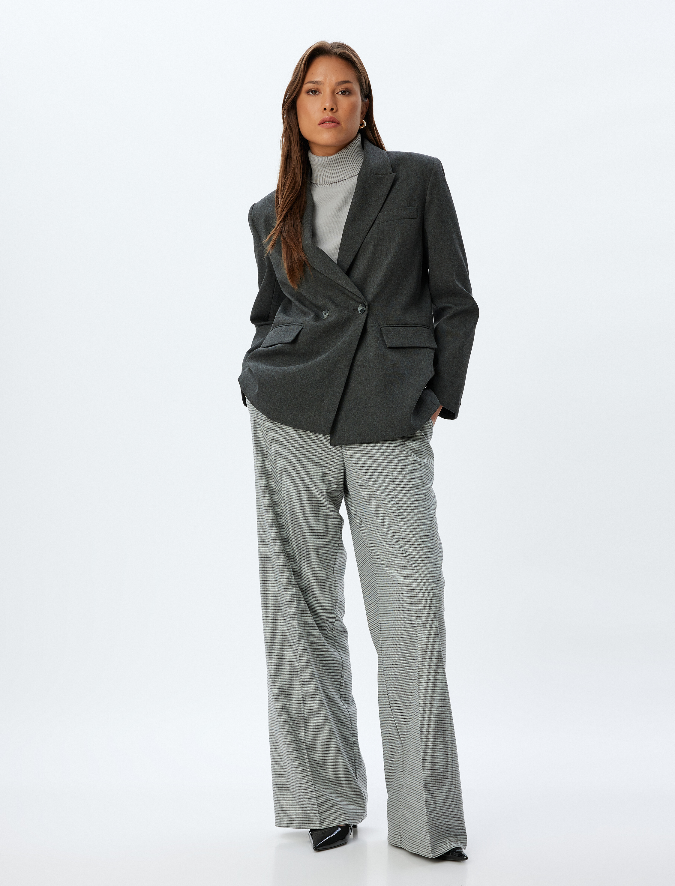   Yüksek Bel Geniş Paça Cepli Pile Detaylı Pantolon