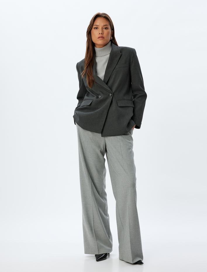  Yüksek Bel Geniş Paça Cepli Pile Detaylı Pantolon