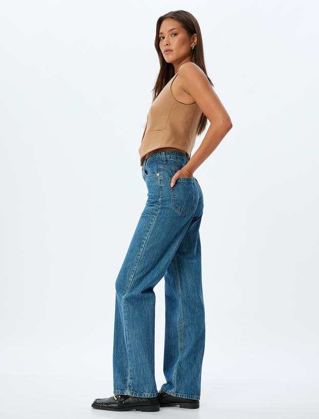 Düz Uzun Paça Kot Pantolon Standart Bel Düğmeli Pamuklu - Longer Straight Fit Jean_0