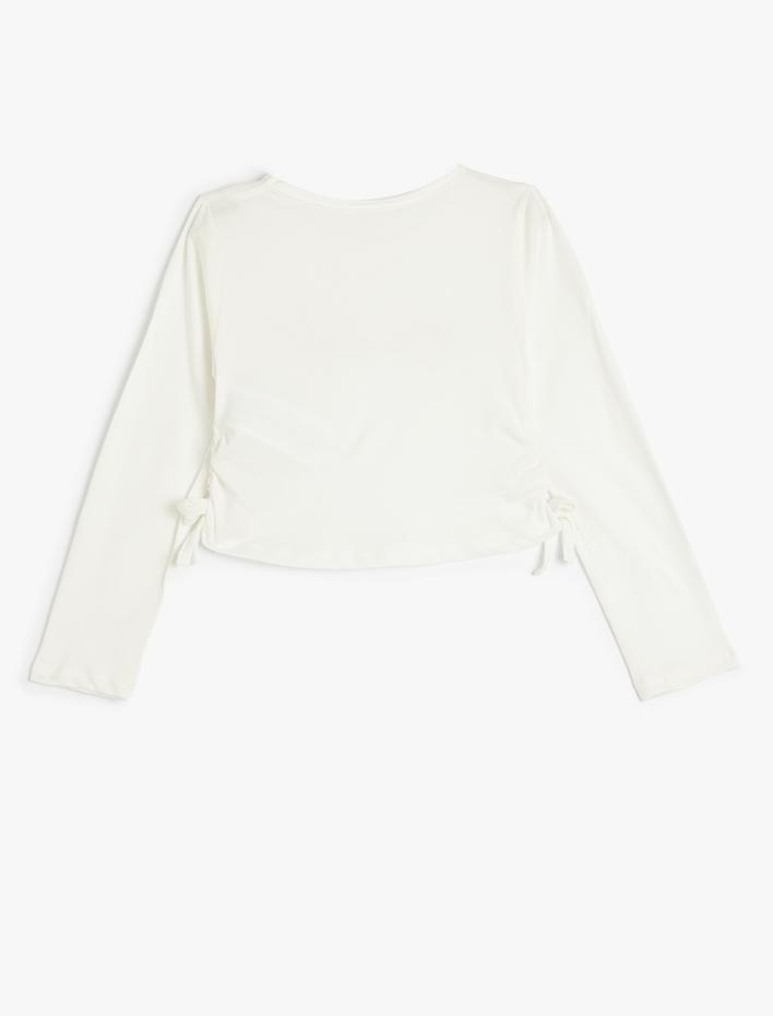 Kız Çocuk Crop Tişört Yanları Büzgülü Bağlamalı Uzun Kollu Bisiklet Yaka Pamuklu