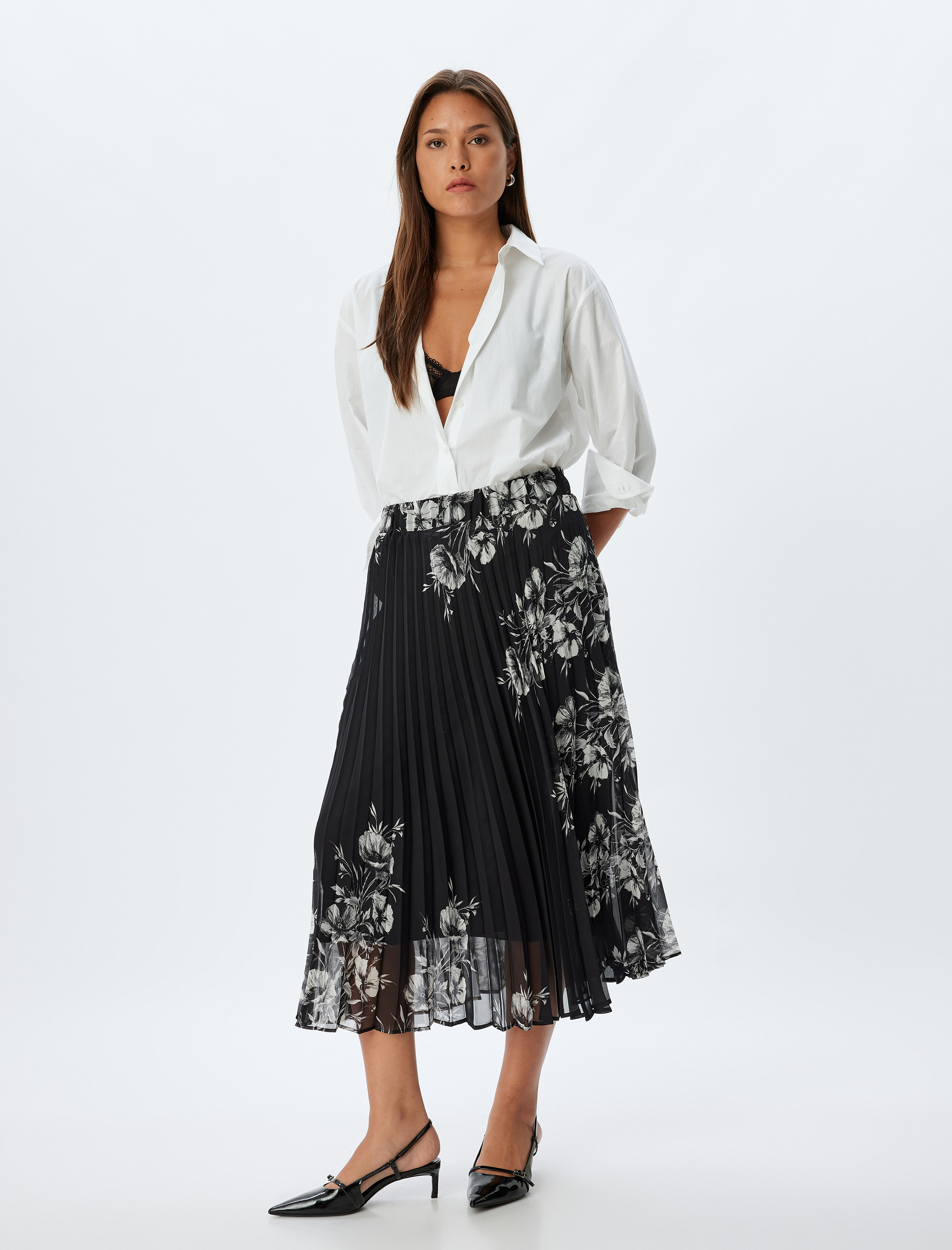   Çiçekli Pileli Etek Midi Boy Standart Bel Astarlı