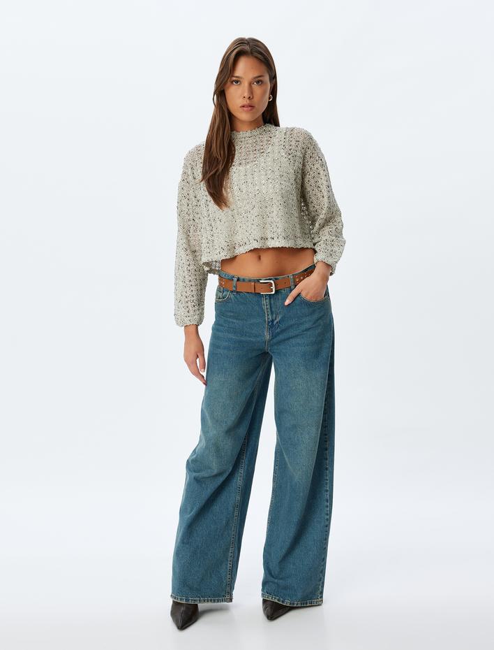  Ajurlu Crop Kazak Uzun Kollu Bisiklet Yaka