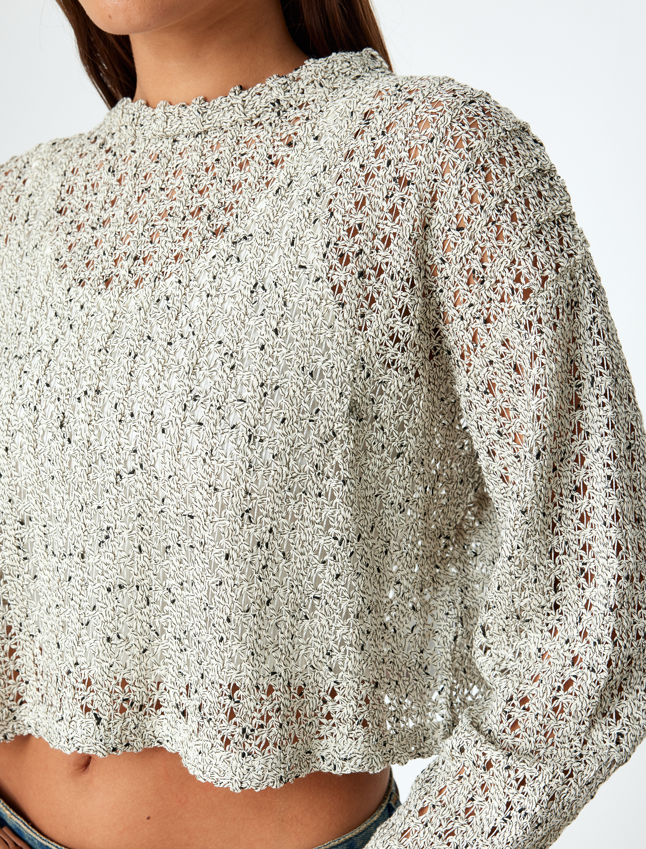   Ajurlu Crop Kazak Uzun Kollu Bisiklet Yaka