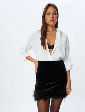 Abiye Etek Mini Kadife Tüy Detaylı Slim Fit_1