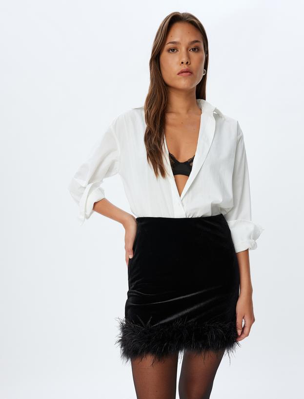 Abiye Etek Mini Kadife Tüy Detaylı Slim Fit_1