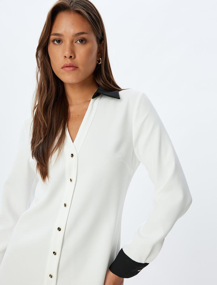  Mini Boy Renk Kontrastlı Uzun Kollu Gömlek Elbise