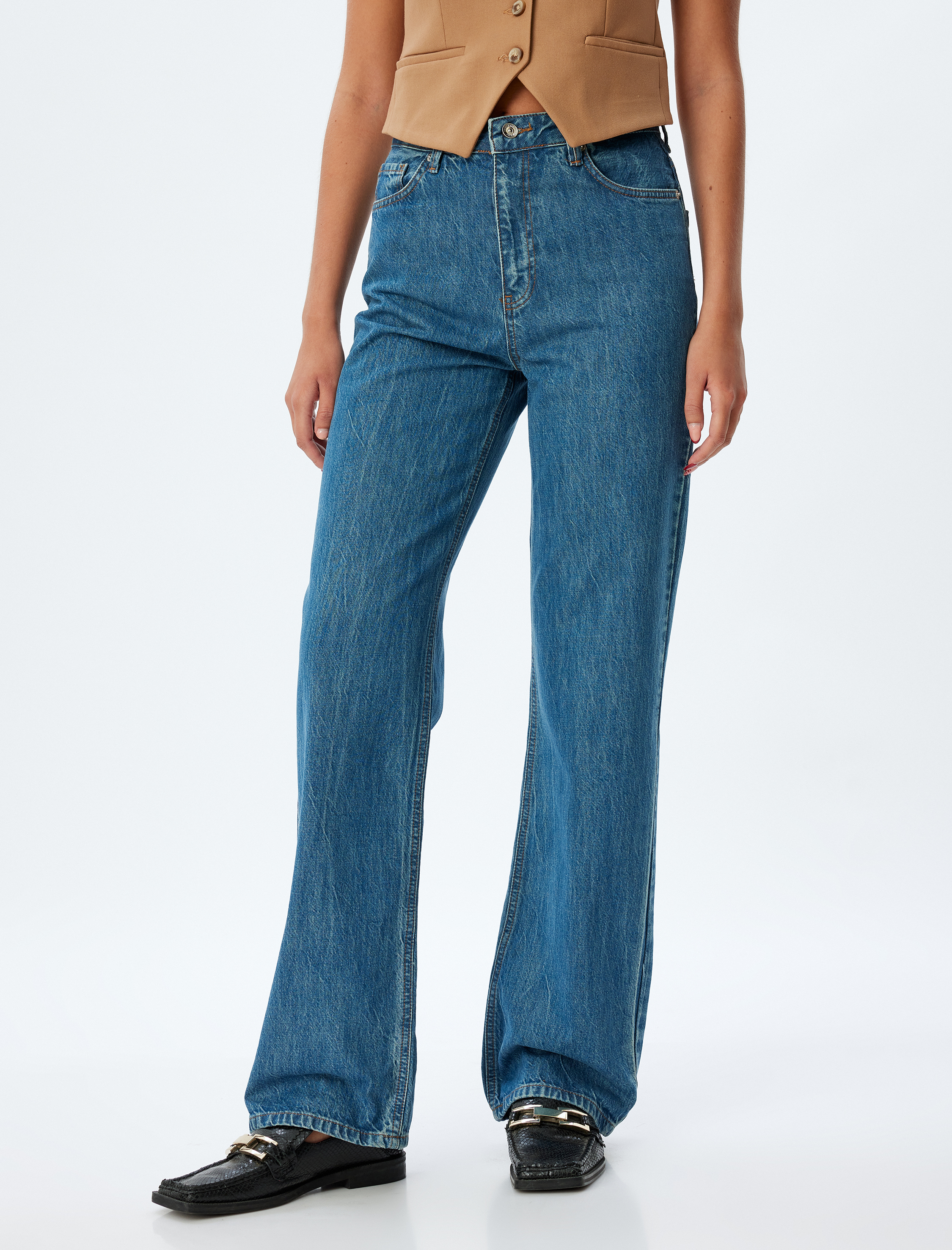   Düz Uzun Paça Kot Pantolon Standart Bel Düğmeli Pamuklu - Longer Straight Fit Jean