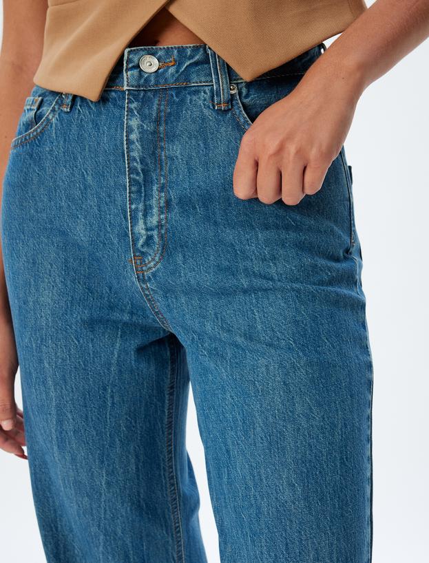 Düz Uzun Paça Kot Pantolon Standart Bel Düğmeli Pamuklu - Longer Straight Fit Jean_4