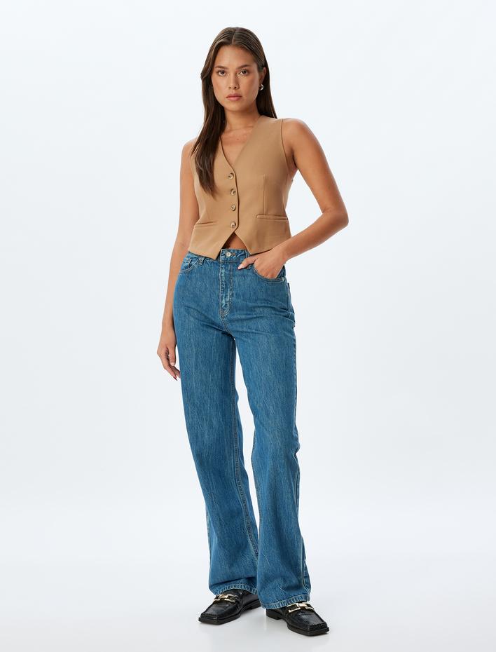  Düz Uzun Paça Kot Pantolon Standart Bel Düğmeli Pamuklu - Longer Straight Fit Jean